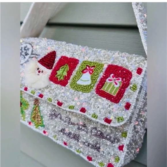 Christmas Santa Holiday Beaded Shoulder Bag - Made in India - Picture 2 of 6